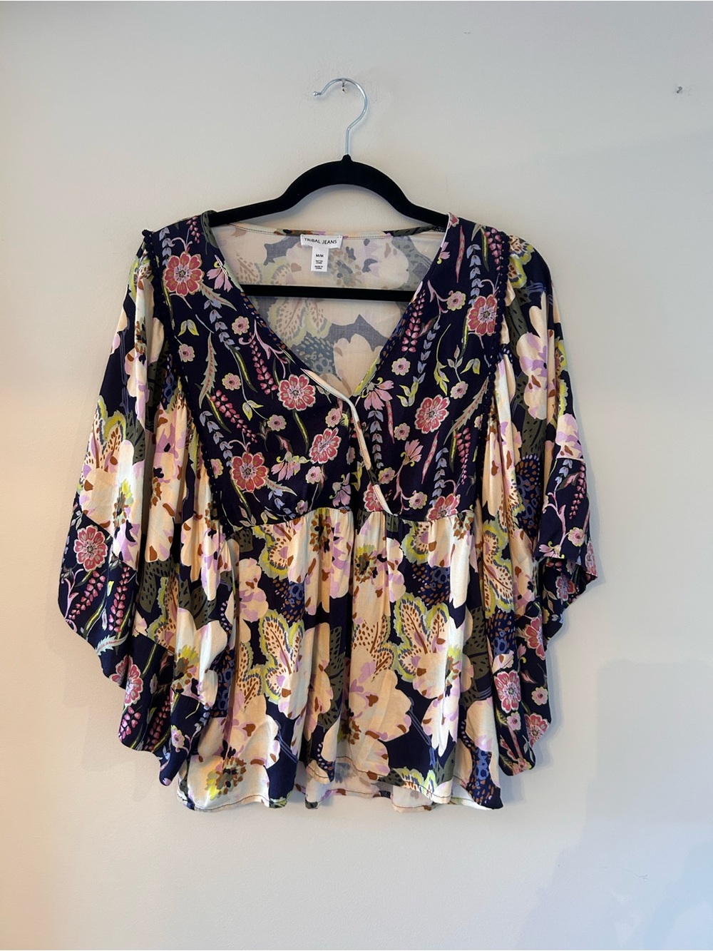 Navy Floral V-Neck Peasant Top